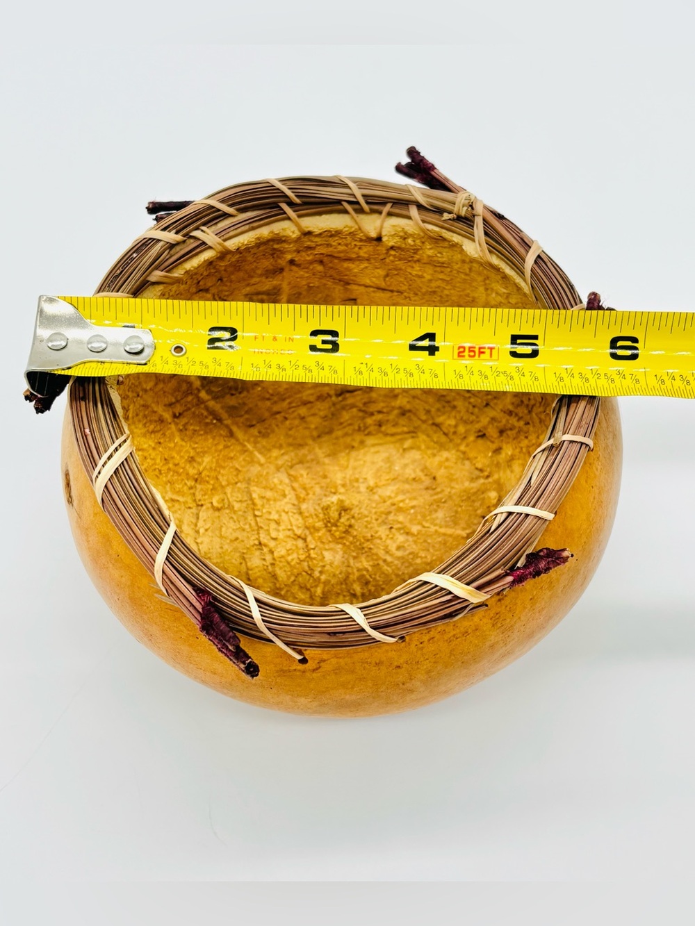 Vintage Handcrafted Gourd Bowl Pine Needle Rim Signed Drake 99 Rustic Primitive - Picture 12 of 13